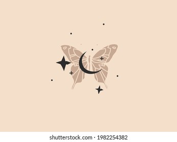 Hand drawn vector abstract stock flat graphic illustration with logo element,bohemian magic art of gold crescent moon,butterfly silhouette in simple style for branding,isolated on color background