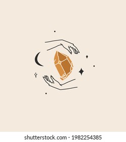 Hand drawn vector abstract stock flat graphic illustration with logo element,bohemian magic line art of crystal,crescent and feminine hands in simple style for branding,isolated on color background.