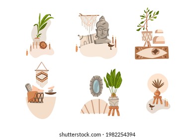 Hand drawn vector abstract stock graphic bohemian clipart illustration with beauty interior design elements,modern furniture living room scenes collection set isolated on white background.
