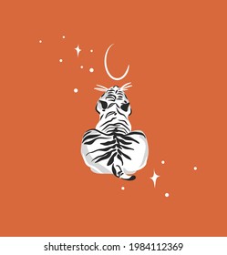 Hand drawn vector abstract stock graphic cartoon illustration with beauty cute celestial trendy wildlife white,moon tiger,moon and stars isolated on color background.Magic Boho clipart elements