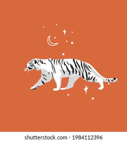 Hand drawn vector abstract stock graphic cartoon illustration with beauty cute celestial trendy wildlife white,moon tiger,moon and stars isolated on color background.Magic Boho clipart elements