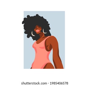 Hand drawn vector abstract stock graphic illustration with young happy,summer beach bohemian black afro american beauty female character avatar for social media isolated on white background