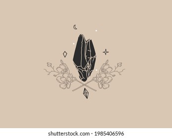 Hand drawn vector abstract stock flat graphic illustration with logo element,bohemian magic logo of crystal silhouette,crescent and flowers in simple style for branding,isolated on color background.