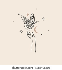 Hand drawn vector abstract stock flat graphic illustration with logo element,bohemian magic art of butterfly and stars in witch woman hand,simple style for branding,isolated on color background