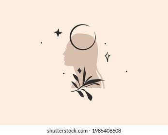 Hand drawn vector abstract stock flat graphic illustration with logo element,bohemian magic art of crescent,woman silhouette and floral leaf in simple style for branding,isolated on color background