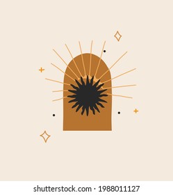 Hand drawn vector abstract stock flat graphic illustration with logo element,bohemian magic line art of sun silhouette,stars and sun rays in simple style for branding,isolated on color background