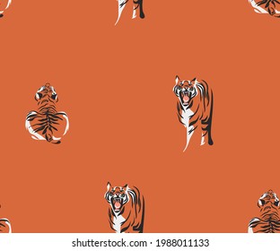 Vector de vectores dibujado a mano vectorial vectorial gráfico moderno, estampado de patrón armonioso contemporáneo safari con tigres exóticos caracteres de estilo simple en colores anaranjados