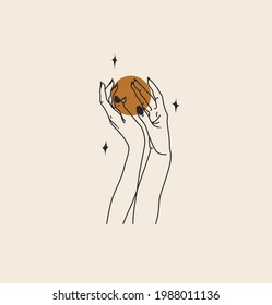 Hand drawn vector abstract stock flat graphic illustration with branding logo,bohemian celestial magic line art of woman hand,crescent,star and moon phase in simple style,feminine astrology concept.