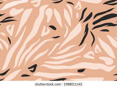 Hand drawn vector abstract stock modern graphic illustration,safari bohemian contemporary seamless pattern print with animal tiger striped texture in pink pastel colors