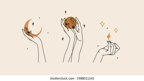 Hand drawn vector abstract stock flat graphic illustration with logo element,bohemian magic line art of woman hand,crescent,star and moon phase in simple style for branding,feminine astrology concept.