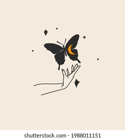 Hand drawn vector abstract stock flat graphic illustration with logo element,bohemian magic art of butterfly silhouette in witch woman hand,simple style for branding,isolated on color background