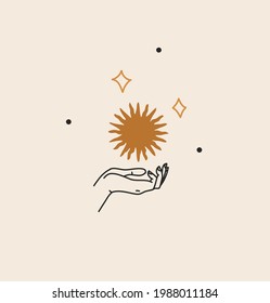 Hand drawn vector abstract stock flat graphic illustration with branding logo,bohemian celestial magic line art of woman hand,stars and gold sun in simple style,feminine astrology concept.