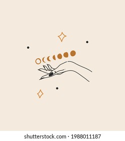 Hand drawn vector abstract stock flat graphic illustration with branding logo,bohemian celestial magic line art of woman hand,crescent,stars and moon phase in simple style,feminine astrology concept.