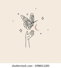 Hand drawn vector abstract stock flat graphic illustration with branding logo,bohemian celestial magic art of butterfly,crescent silhouette in woman hand,simple style,boho astrology feminine concept.