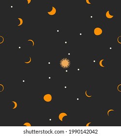 Hand drawn vector abstract stock flat graphic illustration with logo element,bohemian magic art seamless pattern of gold sun,stars and moon phases on the black sky in simple style,astrology concept