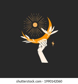 Hand drawn vector abstract stock graphic illustration with logo element,bohemian magic line art of gold moon crescent,stars and floral leaves in simple style for branding,isolated on black background.