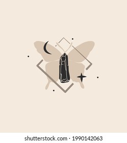 Hand drawn vector abstract stock flat graphic illustration with logo element,bohemian magic art of crescent moon,butterfly silhouette and star in simple style for branding,minimal feminine logo design