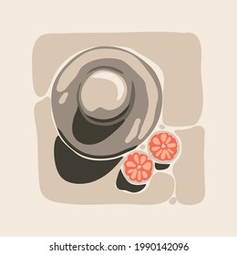 Grado abstracto de vectores a mano material gráfico plano ilustración estética contemporánea de moda con bohemias, hermoso sombrero de playa de verano moderno de moda simple estilo minimalista aislado en fondo pastel