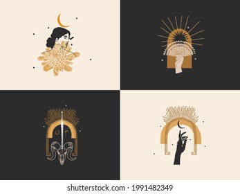 Hand drawn vector abstract stock graphic illustration with logo elements collection bundle set,magic line art of crescent,moon phase and star in simple style for branding,isolated on color background