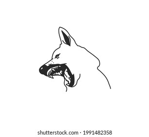 Hand drawn vector abstract stock flat graphic illustration with logo element,mystic tribal magic line art of howling wolf in simple style for branding,isolated on white background