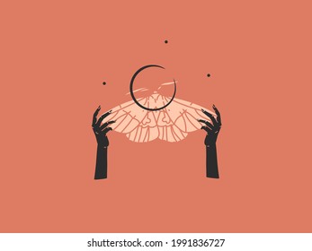 Hand drawn vector abstract stock flat graphic illustration with logo element,bohemian magic art of crescent,butterfly silhouette and stars in simple style for branding,isolated on color background