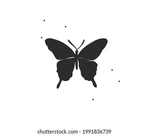 Hand drawn vector abstract stock flat graphic illustration with logo element,bohemian magic art of butterfly silhouette in simple style for branding,isolated on white background.Feminine logo concept