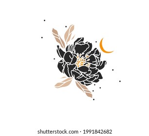 Hand drawn vector abstract stock flat graphic illustration with logo element of line flower art,black silhouette of peony and moon isolated on white background.Sacred magic boho feminine concept