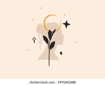Hand drawn vector abstract stock flat graphic illustration with logo element,bohemian magic art of crescent,woman silhouette and floral leaf in simple style for branding,isolated on color background