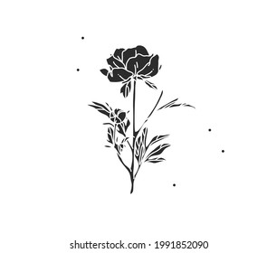 Hand drawn vector abstract stock flat graphic illustration with logo element of line flower art,black silhouette of peony,isolated on white background.Sacred magic boho feminine concept