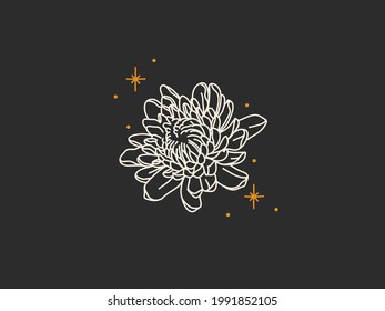 Hand drawn vector abstract stock flat graphic illustration with logo elements,magic line art of peony flower and stars,feminine boho concept in simple style for branding ,isolated on black background