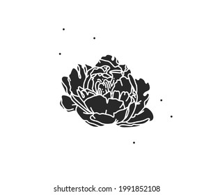 Hand drawn vector abstract stock flat graphic illustration with logo element of line flower art,black silhouette of peony,isolated on white background.Sacred magic boho feminine concept