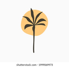 Hand drawn vector abstract stock graphic summer time cartoon,minimalistic style illustrations,branding logo design with tropical exotic beach palm tree and sun silhouette isolated on white background.