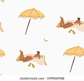 Hand drawn vector abstract stock graphic summer time cartoon,minimalistic style illustrations seamless pattern with boho girl sunbathes and reading book on the beach,isolated on white background.