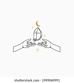 Hand drawn vector abstract stock flat graphic illustration with logo element,bohemian magic line art of crystal stone,human hands and star in simple style for branding,isolated on white background.