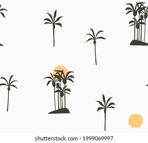 Hand drawn vector abstract stock graphic summer time cartoon,minimalistic style illustrations seamless pattern with tropical exotic beach palm trees and sun silhouettes isolated on white background.