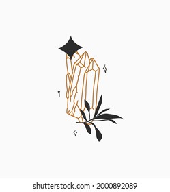 Hand drawn vector abstract stock flat graphic illustration with minimal logo element,bohemian magic line art of crystal,crescent and stars in simple style for branding,isolated on white background