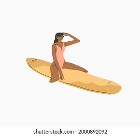 Hand drawn vector abstract stock graphic summer time cartoon,minimalistic style illustration with bohemian beautiful girl sunbathes and surfing on surfboard on the beach,isolated on white background