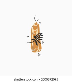 Hand drawn vector abstract stock flat graphic illustration with minimal logo element,bohemian magic line art of crystal,crescent and stars in simple style for branding,isolated on white background