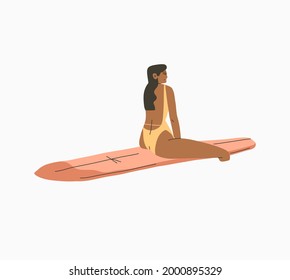 Hand drawn vector abstract stock graphic summer time cartoon,minimalistic style illustration with bohemian beautiful girl sunbathes and surfing on surfboard on the beach,isolated on white background