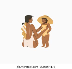 Hand drawn vector abstract stock graphic summer time cartoon,minimalistic style illustrations with bohemian beautiful mom and daughter sunbathes and sitting on the beach,isolated on white background.