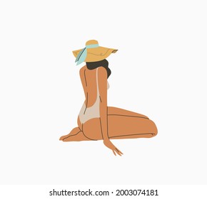 Hand drawn vector abstract stock graphic summer time cartoon,minimalistic style illustrations print with bohemian beautiful girl in hat sunbathes and sitting on the beach,isolated on white background