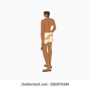 Hand drawn vector abstract stock graphic summer time cartoon,minimalistic style illustrations print with bohemian beautiful male sunbathes and standing on the beach,isolated on white background