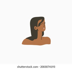 Hand drawn vector abstract stock graphic summer time cartoon,minimalistic illustrations print with bohemian beautiful girl portrait,sunbathes and swimming on the beach,isolated on white background.