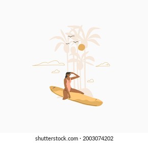 Hand drawn vector abstract stock graphic summer time cartoon,minimalistic style illustration with bohemian beautiful girl sunbathes and surfing on surfboard on the beach,isolated on white background