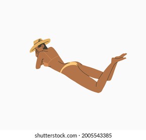 Hand drawn vector abstract stock graphic summer time cartoon,minimalistic style illustrations print with bohemian beautiful girl with hat sunbathes and lying on the beach,isolated on white background.