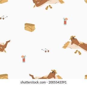 Hand drawn vector abstract stock graphic summer time cartoon,minimalistic style illustrations seamless pattern with boho girl sunbathes and relaxing on the beach,isolated on white background.
