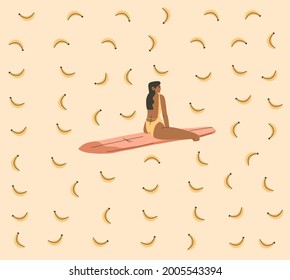 Hand drawn vector abstract stock graphic summer cartoon,minimalistic contemporary illustrations print with boho girl surfing and relaxing on the beach with banana fruits,isolated on white background.