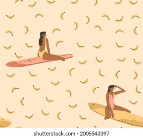 Hand drawn vector abstract stock graphic summer cartoon,minimalistic contemporary style illustrations seamless pattern with boho girl surfing and relaxing on the beach,isolated on white background.