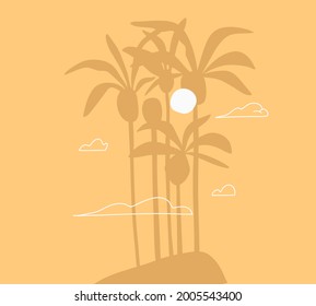 Dibujo manual vectorial abstracto material gráfico de verano, escenas de ilustraciones minimalistas, con hermosa silueta isla de palmeras tropicales con puesta de sol aislada en fondo amarillo