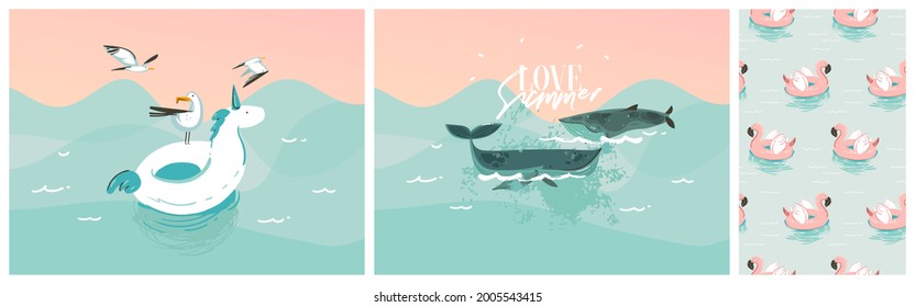Hand drawn vector abstract stock graphic summer cartoon,minimalistic contemporary illustrations prints collection set with beach inflatable unicorn and flamingo floats isolated on white background
